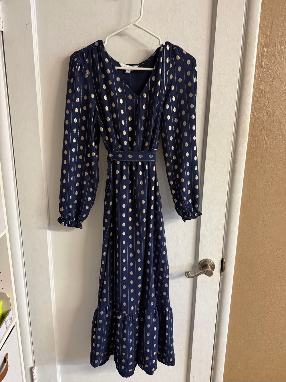 Navy Maxi Dress with Gold Dot Print and Waist Tie